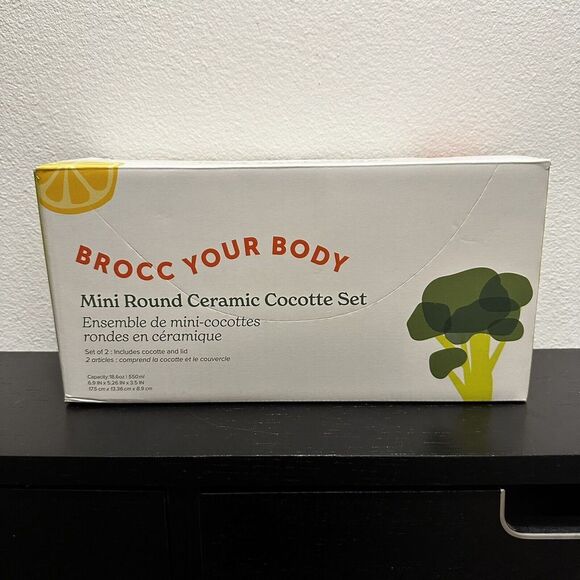 Brocc Your Body Mini Round Ceramic Cocotte Set Green and White Lids NEW IN BOX - Picture 2 of 4